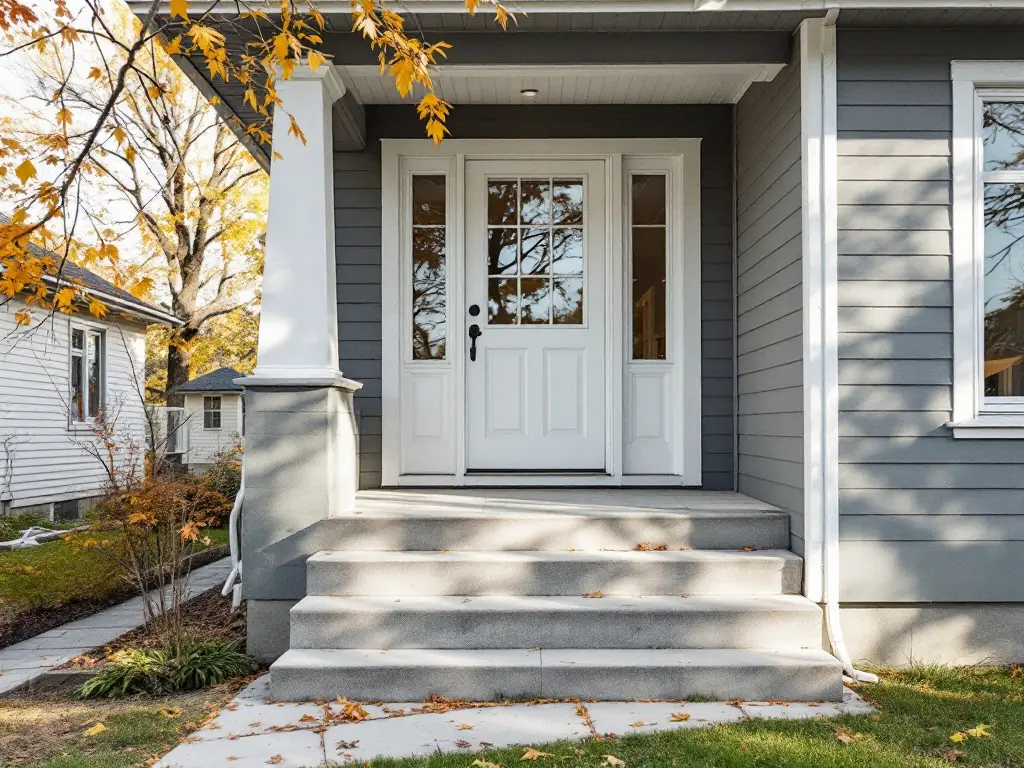 Entrée agrandie d'un bungalow avec marches de béton neuves