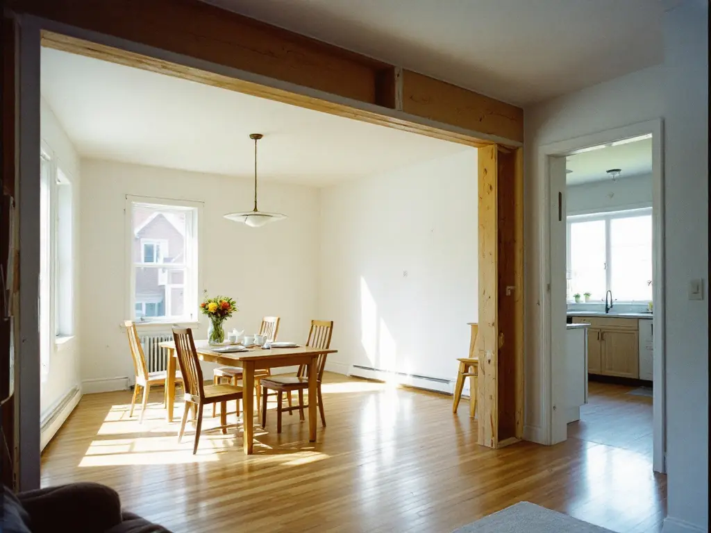 Salon et salle à manger ouverts avec poutre apparente et plancher de bois neuf