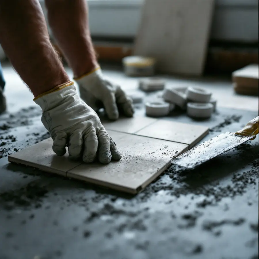 Mains gantées posant une céramique de plancher